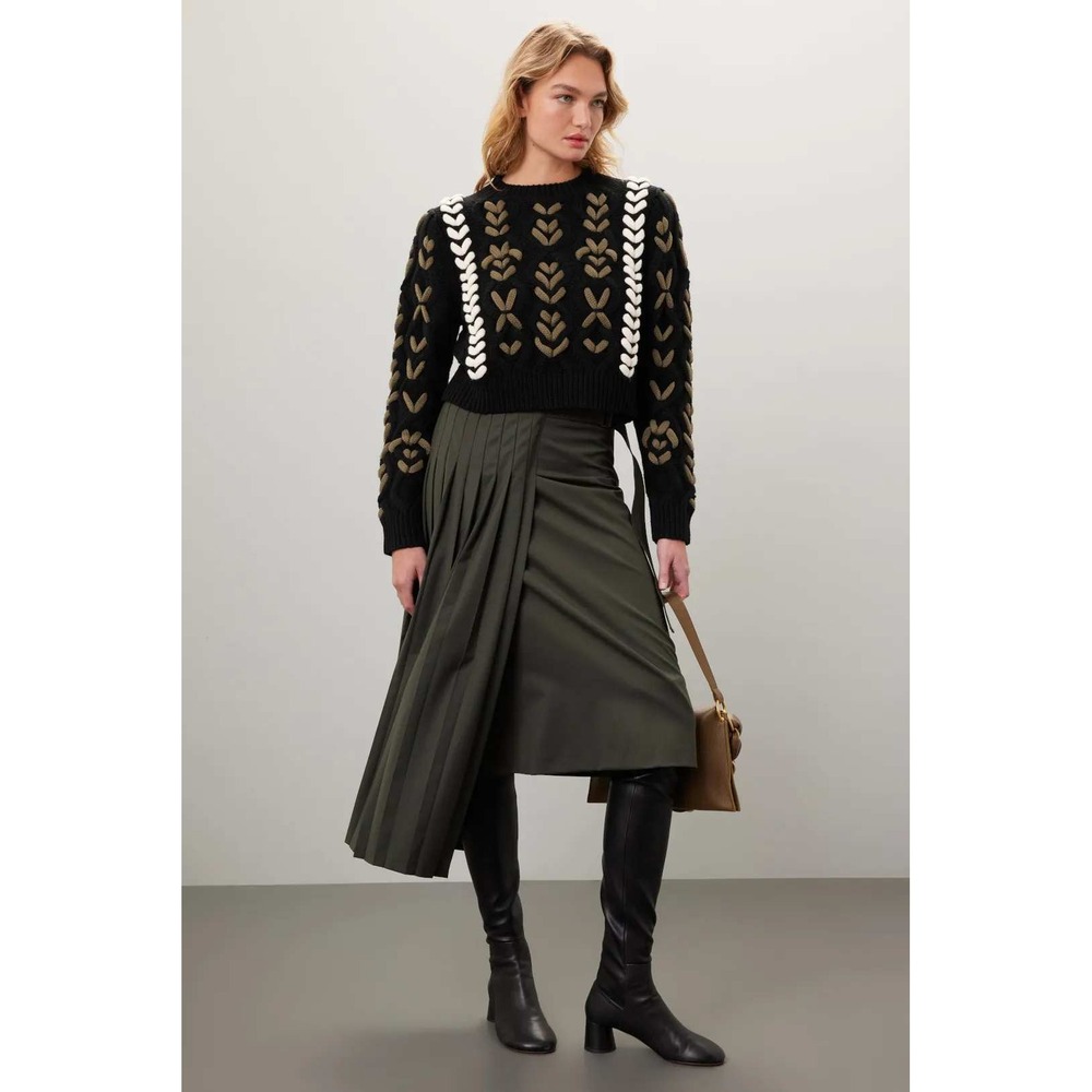 Jason Wu Collective Navy Blue Cropped Embroidered Chunky Knit Sweater Small